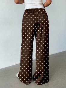 Aloruh 女士低腰休闲复古百搭棕色美拉德印花复古波点针织长裤，复古波点长裤，棕色长裤，复古，秋季衣橱；简约，时尚；舒适，别致。