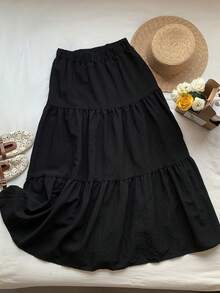 SHEIN EZwear Solid Ruffle Hem Flare Skirt - Black - View 4