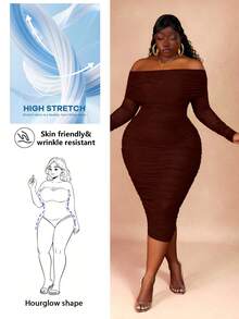 CurvyTilda Plus Size Women's Brown Off-Shoulder Ruffle Mesh Bodycon Dress, Autumn, For Hourglass Body Shape - Brown - View 1