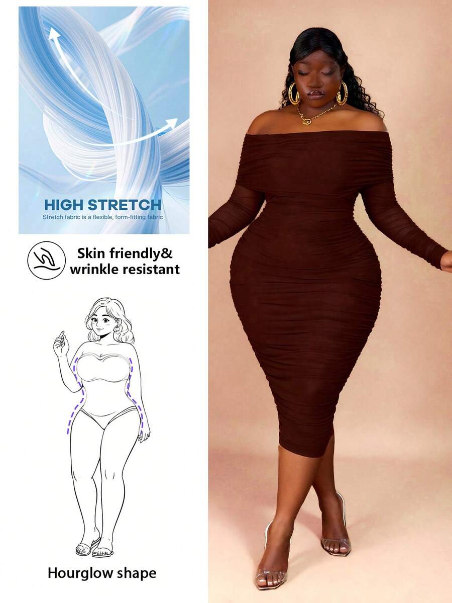 CurvyTilda Plus Size Women's Brown Off-Shoulder Ruffle Mesh Bodycon Dress, Autumn, For Hourglass Body Shape - Brown - View 1