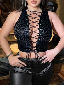 NU&NOW 大码女式豹纹镂空系带性感露脐背心 - 黑色 - 查看 6