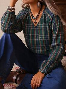 LanaWest Damen lässige, weite V-Ausschnitt Karohemd Bluse mit Langarm, Western-Stil Hemd, geeignet für den Alltag, Herbst - Grün - Übersicht 1