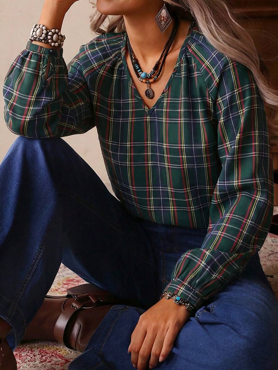 LanaWest Damen lässige, weite V-Ausschnitt Karohemd Bluse mit Langarm, Western-Stil Hemd, geeignet für den Alltag, Herbst - Grün - Übersicht 1