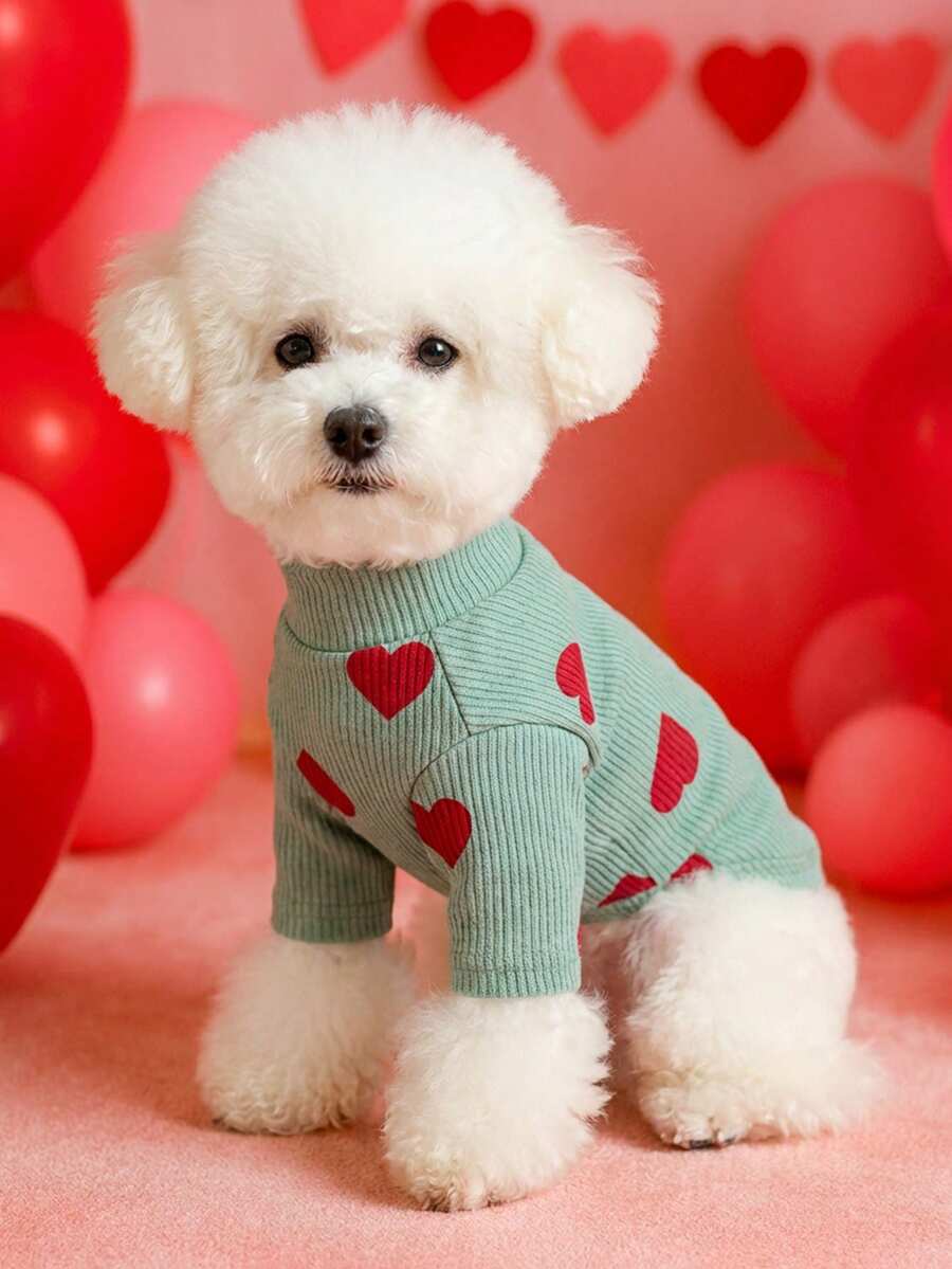 PETSIN 1件猫狗通用服装，休闲舒适的心形印花T恤，适合小型犬和其他宠物全年穿着。 - 豆綠 - 查看 1