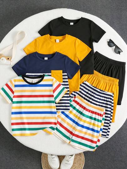SHEIN 8件套男童舒适休闲日常百搭撞色条纹口袋拼接短袖T恤短裤套装，适合春夏季节日常穿着、运动、郊游、上学、聚会、度假、拍照、返校季等场合。