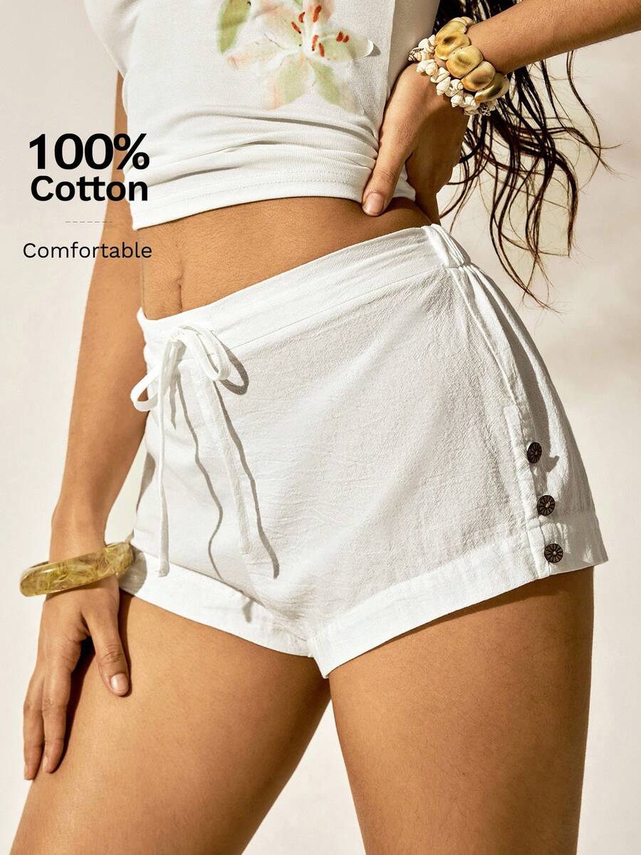 Easelle Solid Color Boho Vacation Button Accent Drawstring Casual Cotton Comfy Summer Shorts, Versatile Graduation,High Waisted Shorts - White - View 1