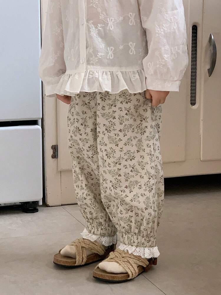 Toddler Girls' Floral All-Over Print Casual Loose Lace Trim Patchwork Bottoms