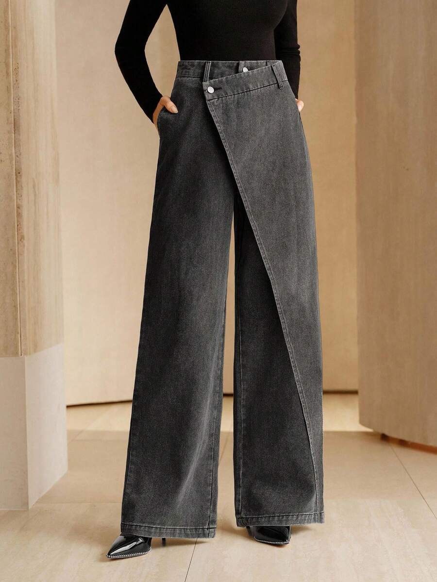 Anewsta 新款女士不对称黑色牛仔裤