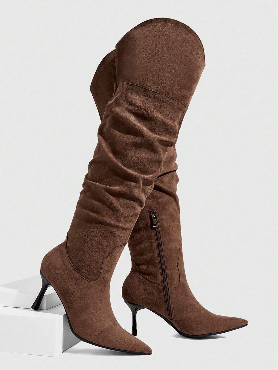 CUCCOO SZL Women's Fashion Pointed Toe Over-The-Knee High Heel Boots - Coffee Brown - View 1