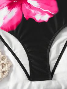 SHEIN Tween Girls' Casual Summer Beach Vacation, Bowknot Strap, Large Pink Floral Lily Print One-Piece Swimsuit, Black - Black - View 5