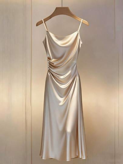 Franclia Women's Adjustable Spaghetti Strap Waist Cinched Elegant Mid-Length Dress,Elegant Dresses For Women,Long Summer Dress For Women,Summer Dresses For Women,Summer Outfits For Women,Birthday Dresses For Women,Wedding Guest Dress For Women,Valentine Outfits For Women,Birthday Dresses For Women Women's Minimalist Sexy Criss-Cross V-Neck Decorative Button Backless Camisole Satin Dress Silky Dress Satin Camisole Champagne Dress Satin Dress Long Party Dresses Satin Dress Elegant Silk Dresses Luxury Dress Goddess Dress