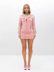 BABYPHAT Đầm mini trùm đầu nhung tay dài có khóa kéo, dáng ôm bó, dây rút, mặc nhà thường ngày thu đông - Màu Hồng baby - Xem 3