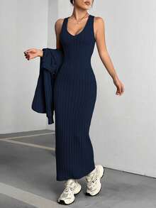 Flirla Women's Solid Color Collared Long Sleeve Ribbed Sweatshirt And Sleeveless Dress Casual Set - Navy Blue - View 3