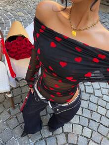 SHEIN EZwear 黑色网纱爱心露肩连体衣 - 黑色 - 查看 3