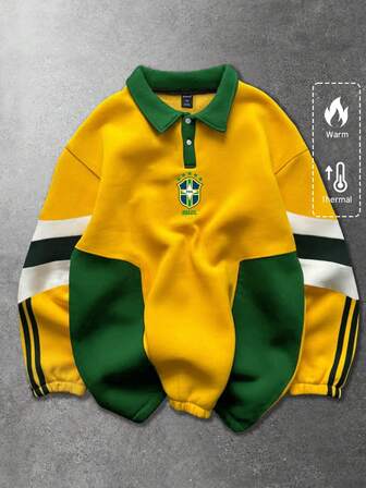 Sudadera de hombre, esquema de color de Brasil, estampado de logotipo, parches de contraste de color, para otoño/invierno y deportes