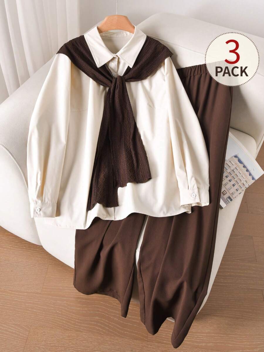 CosyJoli Set di camicia, scialle e pantaloni casual di protezione solare per taglie comode - Caffè Marrone - Visualizzare 1