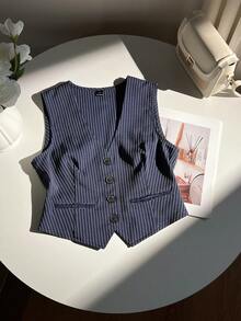 SHEIN Unity Navy Blue Vintage Striped Sleeveless V-Neck Vest Jacket, Spring/Summer - Navy Blue - View 3