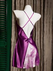 SilkySpell Backless Sexy Purple Lace & Faux Silk Camisole Nightgown - Purple - View 8