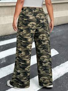 SHEIN EZwear 大碼迷彩印花腰部抽繩闊腿褲 - 彩色 - 查看 2