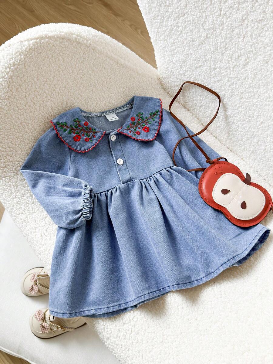 Playful Pals 女婴刺绣领前开襟纽扣松紧腰A字连衣裙，春秋季 - 藍色 - 查看 1