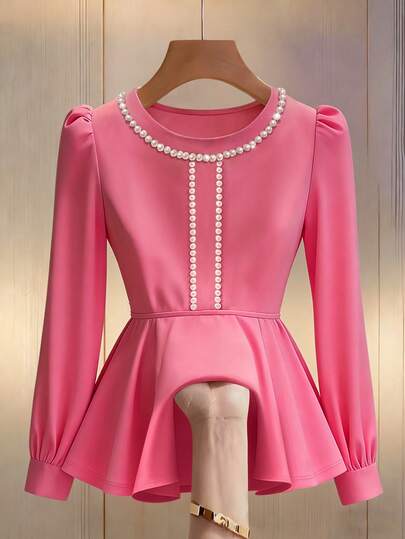 Franclia Women's Round Neck Pearl Beaded Ruffle Hem Waist Cinched Casual T-Shirt, Suitable For Work, Spring/Autumn Pink Pink Long Sleeve Dress Elegant Pink Dress Puffy Sleeve Dress Pink Clothes Luxury Dress For Women Dress With Pearls Elegant Dress Elegant Dress For Women