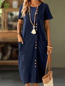 EMERY ROSE Vacation Casual Solid Color Front Button Dual Pocket Dress - Blue - View 3