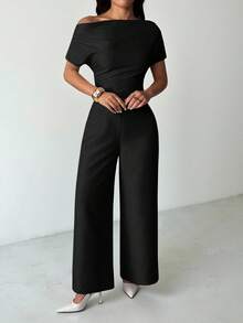 SHEIN PETITE Women's Summer New Arrival Simple Elegant Daily Casual Linen Commuter Wide Collar Off Shoulder Blouse And Wide Leg Pants Suit Off Shoulder Jumpsuit Wide Leg Jumpsuit - Black - View 4