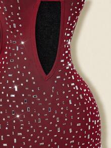 SHEIN ICON Women's Apricot Deep V Rhinestone Sheer Backless Mini Dress, Sexy For Party And Events - Burgundy - View 6