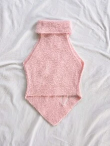 Soleia Casual High Neck Sleeveless Asymmetrical Hem Fitted Knit Vest