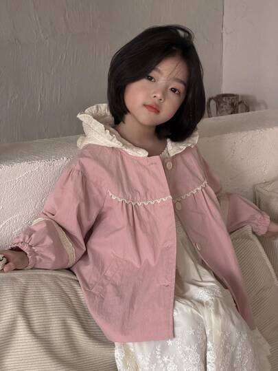 DAZY Young Girl Contrast Lace Long Sleeve Single-Breasted Casual Hooded Jacket