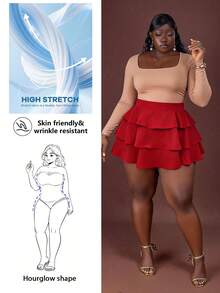 CurvyTilda 大码女式纯色荷叶边半身裙，休闲日常穿着，适合沙漏型身材，夏季必备 - 紅色 - 查看 1