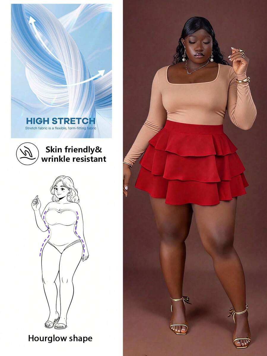 CurvyTilda 大码女式纯色荷叶边半身裙，休闲日常穿着，适合沙漏型身材，夏季必备 - 紅色 - 查看 1