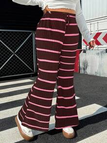 SHEIN EZwear Plus Size Women Striped Drawstring Waist Casual Flare Pants, Versatile For Commuting And Outings - Chocolate Brown - View 5