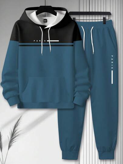 Manfinity Homme 加大码男士休闲连帽衫套装，撞色印花抽绳连帽衫和裤子两件套，适合日常穿着，秋冬季节。