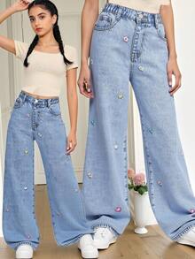 Sparklyn Tween Girl Jeans , New Fashion Snowflake Washed Distressed Design Embroidered Wide Leg Jeans, Heart Embroidery Colorful Heart Cute Embroidered Wide Leg Pants, Girls Loose Wide Leg Jeans, Light Blue, Suitable For Christmas, New Year, Valentine's Day, Daily Wear, School Lavenders Cozy And Cute Purple Girls Aesthetic - Light Wash - View 9