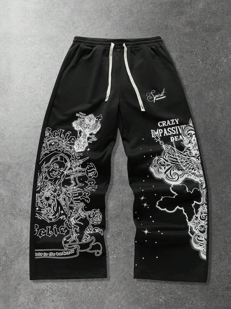 ROMWE MEN 男士休闲直筒运动裤，美式风格圣母玛利亚及英文文字印花，适合秋冬季穿着 - 黑色 - 查看 1