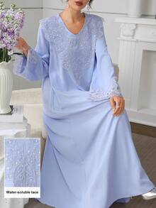 Al Najma 女款純色V領寬鬆刺繡領優雅長袖喇叭裙 - 藍色 - 查看 4