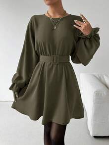 Chiquease Casual Commuter Solid Color Belted Lantern Sleeve Dress - Green - View 5