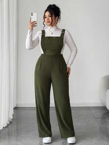 Elenzga Plus Size Women's Fashionable & Elegant Adjustable Strap Jumpsuit, Suitable For Outings, Back To School, Dates, Autumn/Winter - Green - View 4