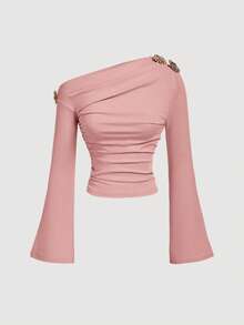 SHEIN MOD Áo thun nữ màu trơn, họa tiết hoa 3D bằng kim loại, thiết kế bất đối xứng, vai lệch. - Hồng - Xem 3