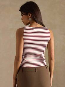 SHEIN BAE Women's Striped Fitted Casual Vacation Tank Top - Red - View 2