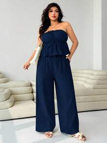 Solflare Bộ đồ 2 mảnh dành cho nữ cỡ lớn, áo hai dây bằng vải cotton lanh màu xanh navy, thích hợp cho kỳ nghỉ. - Màu xanh hải quân - Xem 5