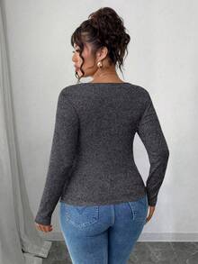 Elenzga Áo dài tay ôm dáng dáng dài, cổ xếp ly bất đối xứng, chất liệu vải dệt họa tiết, viền bèo nhún, dành cho nữ, cỡ lớn hiệu RosyDaze. - Màu xám đen - Xem 2