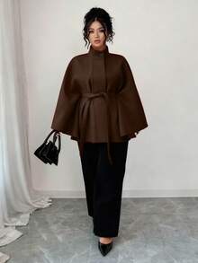 SHEIN Elenzya 大码女士优雅针织羊毛大衣，适合秋冬季节，棕色/巧克力棕色 - 棕色 - 查看 4