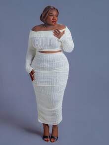 CurvyTilda Damen Große Größen Set aus texturiertem Off-Shoulder Langarm Crop Top und Rock in Unifarbe, 2-teilig, für Herbst/Winter - Aprikosenfarben - Übersicht 7