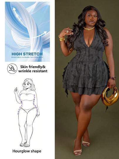 CurvyTilda Plus Size Asymmetrical Ruffled Hem Halter Backless Dress, Y2K Style Halter Dress For Women Ruffle Romper Witchy Dress Gothic Dress, For Hourglass Body Shape