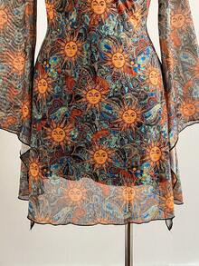 Soleia Plus Size Women Print Long Sleeve Metal Decor Flare Dress - Multicolor - View 3