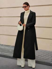 EURMUSE Lapel Collar Double-Breasted Belt Extra Long Overcoat - Black - View 6