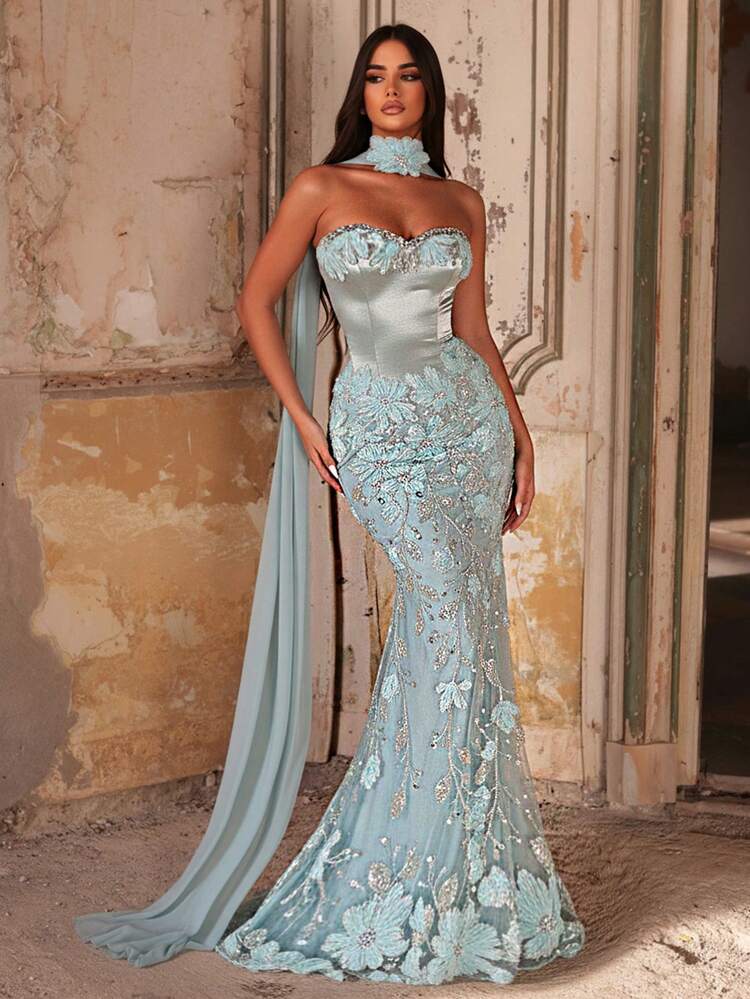 Glamrae Eleganter, luxuriöser grüner 3D-Blumen-Perlen-Elastik-Strick-Meerjungfrauenrock, sexy trägerloses, geeignet für Hochzeiten, Partys, Urlaube, Galas, Abendkleider (stark verziert) - Grasgrün - Übersicht 1