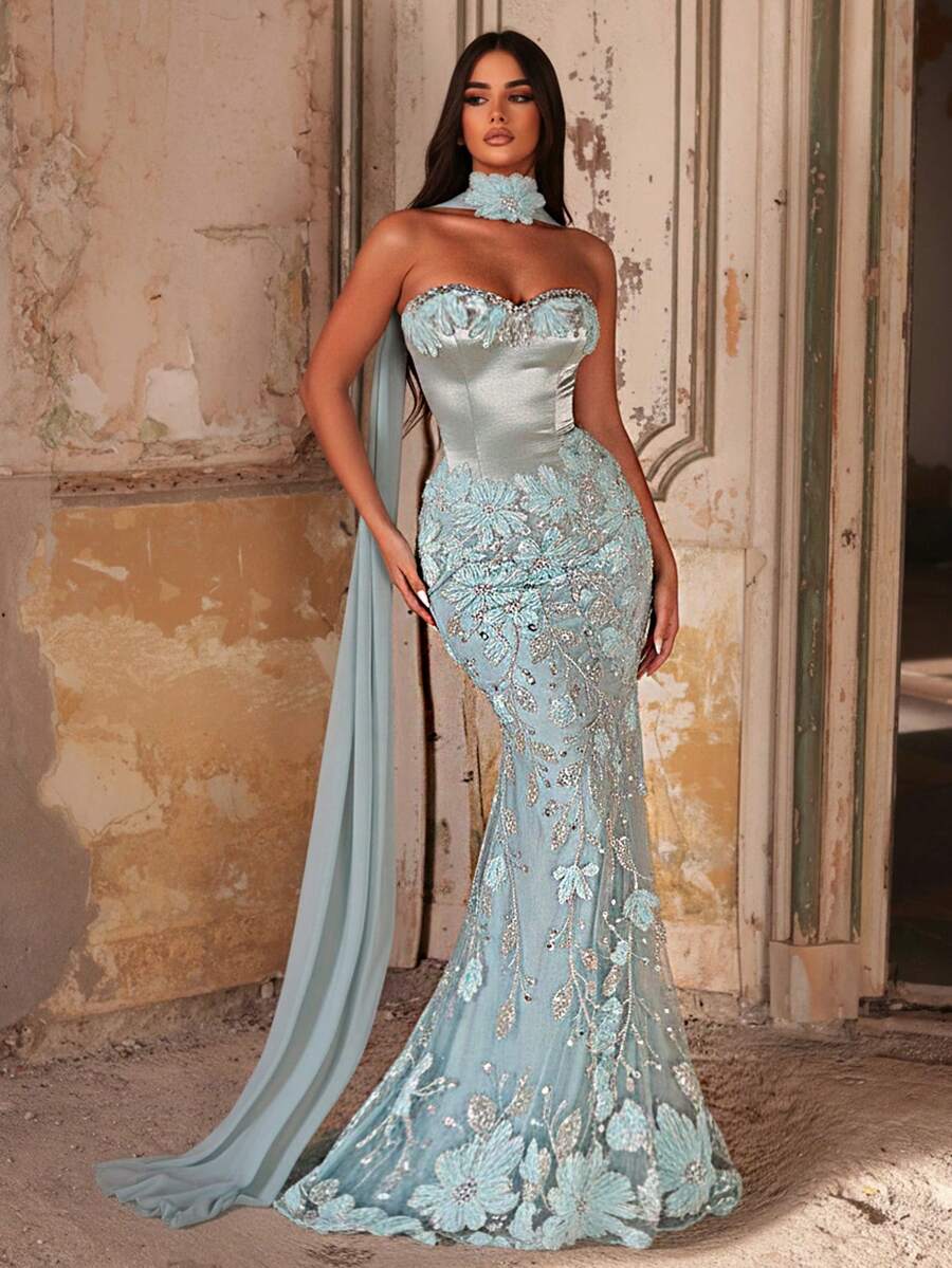 Glamrae 优雅奢华的绿色3D立体花朵串珠弹力针织美人鱼裙，性感无肩带设计，适合婚礼、派对、度假、盛大晚宴等场合（装饰繁复） - 草綠色 - 查看 1